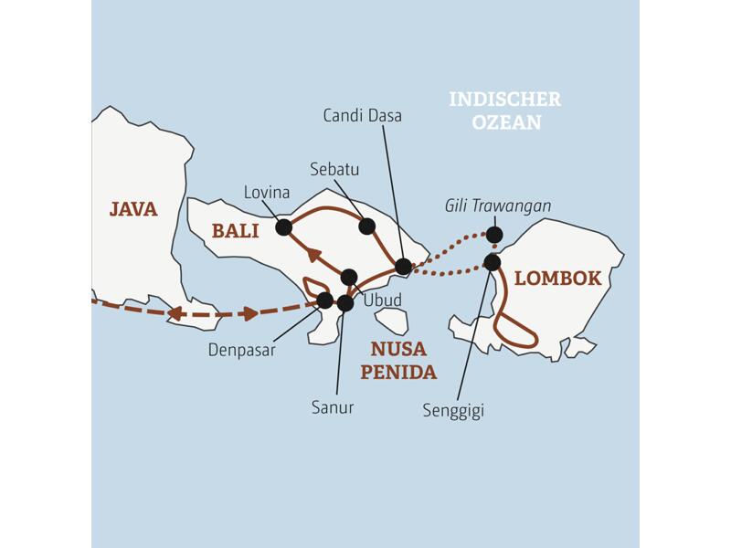 Die Rundreise mit YOUNG LINE durch Indonesien führt dich über Bali mit Sanur, Lovina, Candi Dasa und Ubud nach Lombok und auf Gili Trawangan.