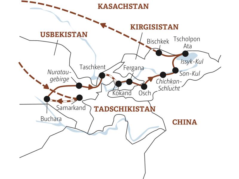 Deine Rundreise mit YOUNG LINE durch Usbekistan und Kirgisistan führt dich von Samarkand über Buchara, Taschkent und das Ferganatal zu den Seen Son-Kul und Issyk-Kul und nach Bischkek.