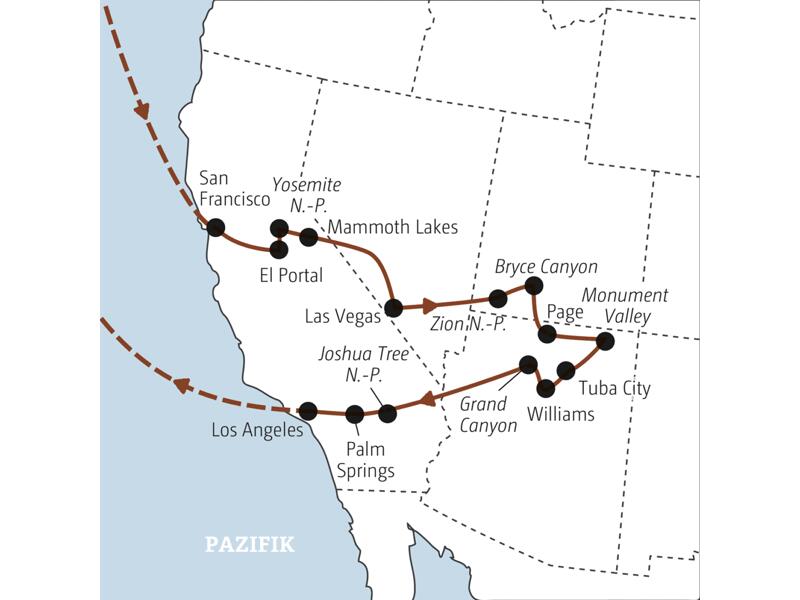 Auf dieser YOUNG LINE Reise an die Westküste der USA besuchen wir in der Gruppe die Bundesstaaten Kalifornien, Nevada und Utah.