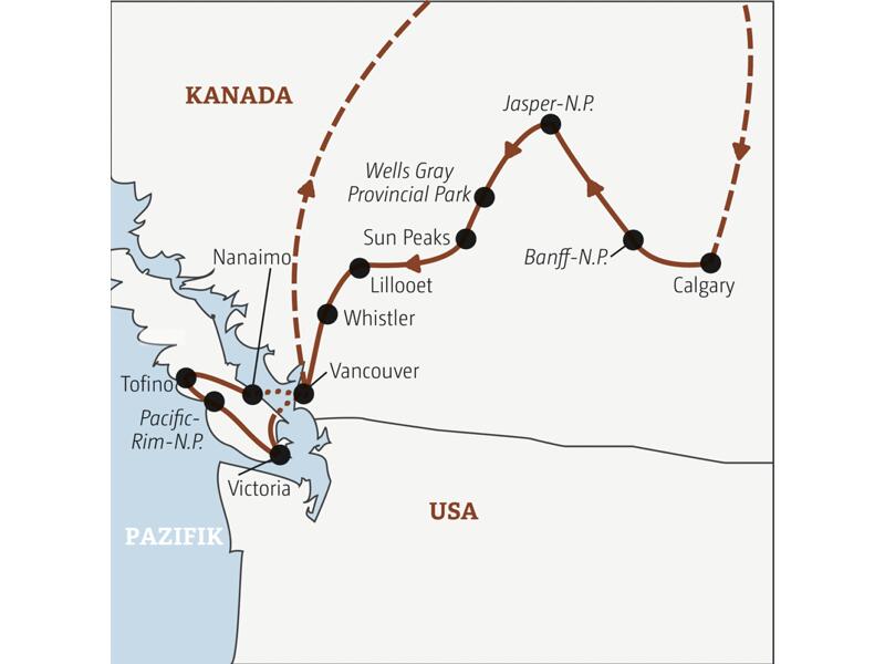 Die Rundreise mit YOUNG LINE nach Kanada führt von Calgary durch die Rocky Mountains über die Nationalparks Banff und Jasper bis an den Pazifik nach Vancouver Island.