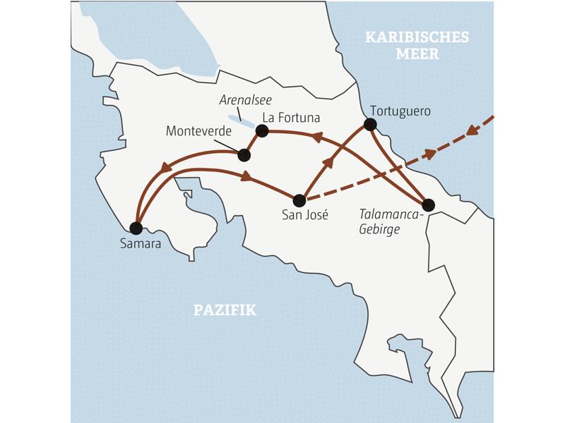 Die Rundreise mit YOUNG LINE durch Costa Rica führt dich von San José nach Tortuguero, ins Talamanca-Gebirge, nach La Fortuna,  Monteverde, Rincón de la Vieja bis nach Samara.