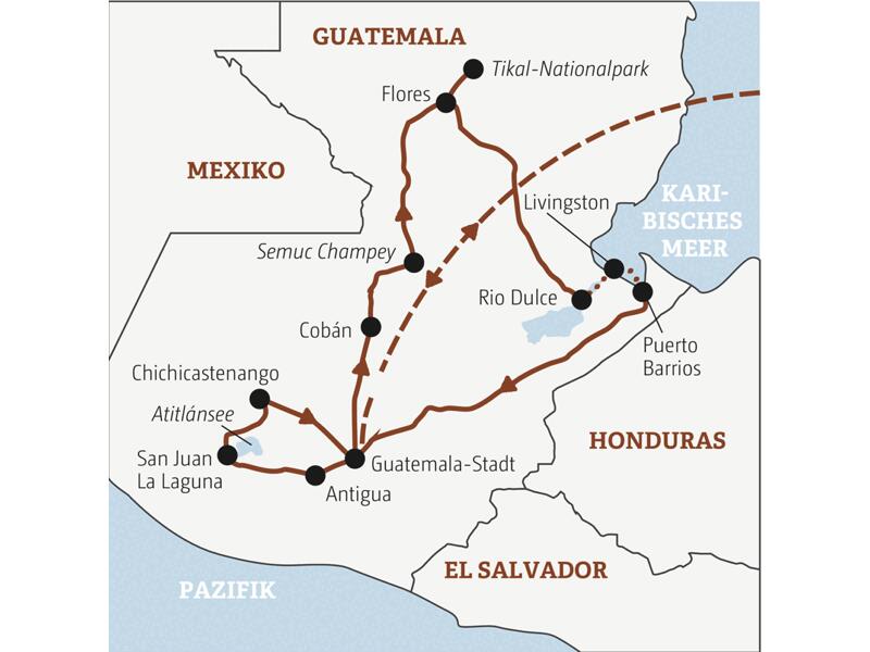 Die Rundreise mit YOUNG LINE durch Guatemala führt dich von Guatemala-Stadt zum Atitlánsee, nach Cobán, Flores, zum Tikal-Nationalpark, nach Livingstone und Puerto Barrios.