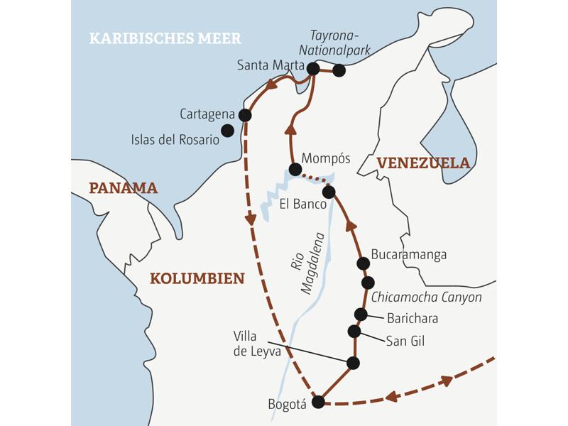 Die Rundreise mit YOUNG LINE durch Kolumbien führt dich von Bogotá nach Bucaramanga bis Santa Marta und Cartagena.
