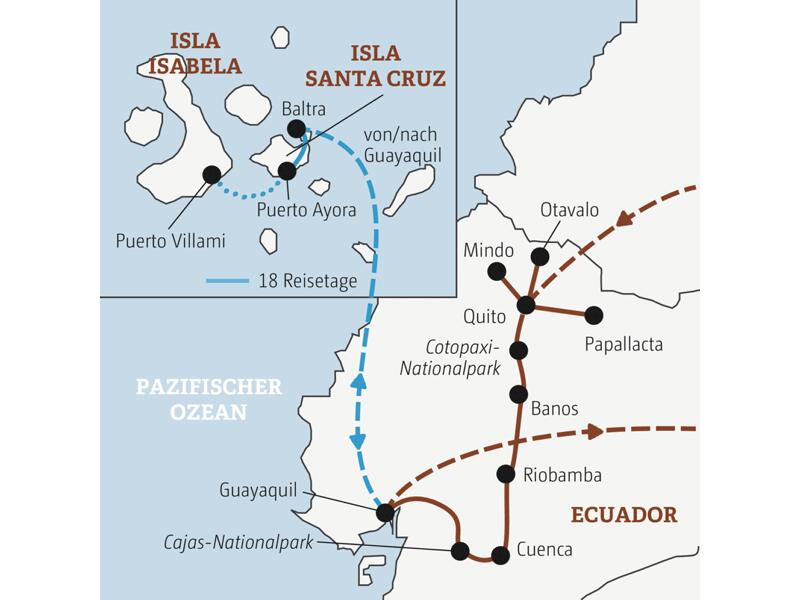 Die Rundreise mit YOUNG LINE durch Ecuador führt dich von Quito nach Mindo, Otavalo, in den Cotopaxi-Nationalpark, nach Banos, Riobamba, Cuenca, Guayaquil und auf Wunsch nach Galápagos.
