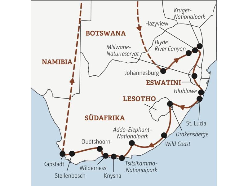 Die Rundreise mit YOUNG LINE durch Südafrika führt dich von Johannesburg in den Krüger-Nationalpark, nach Eswatini, St. Lucia, in die Drakensberge, nach Lesotho, Knysna, Stellenbosch und Kapstadt.