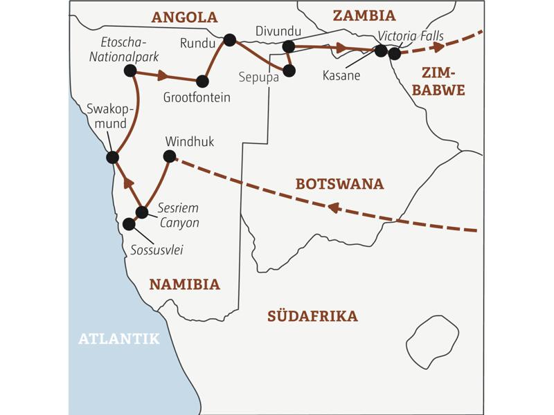 Die Rundreise mit YOUNG LINE durch Namibia und Botswana führt von Windhuk über die Kalahari nach Gobabis und weiter über das Okavangodelta und den Chobepark nach Victoria Falls.