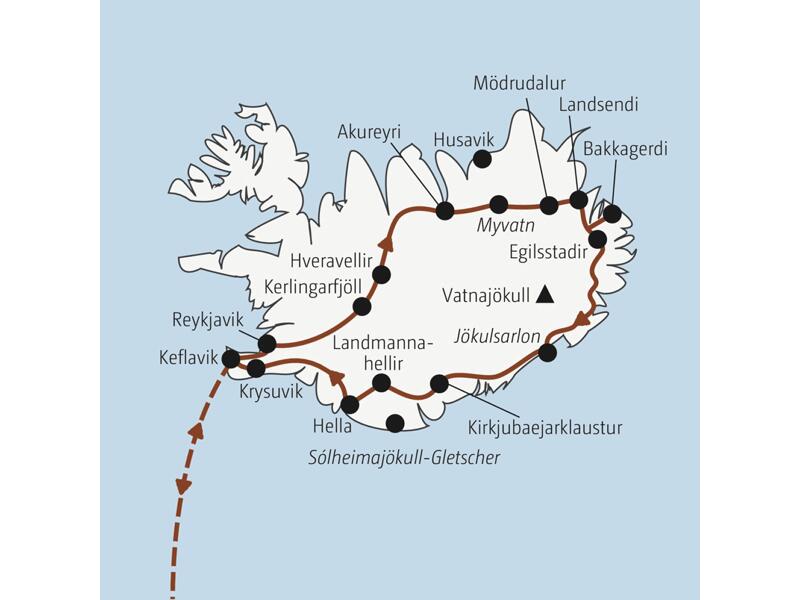 Die Rundreise mit YOUNG LINE über Island führt dich von Reykjavik nach Akureyri, Myvatn, Egilsstadir, Landmannahellir, nach Hella und Keflavik.