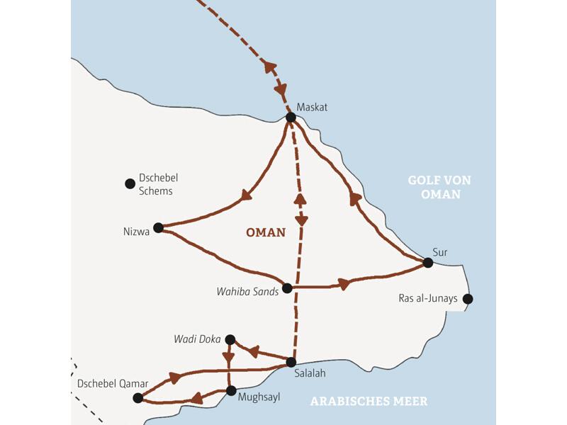 Stationen der Marco Polo Reise Oman - Wüste, Wadis und Meer: Maskat, Sur, Nizwa, Wahiba Sands und Salalah.