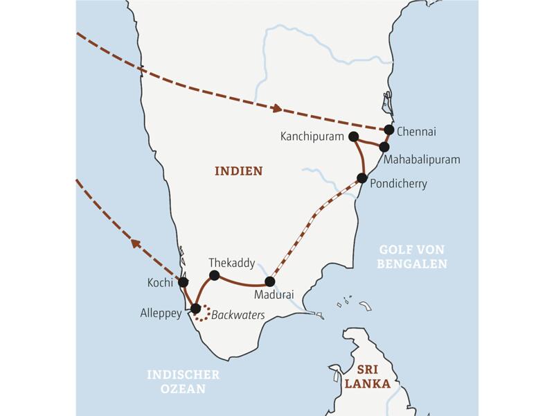 Die Karte zeigt den Verlauf unserer Entdeckerreise in der Mini-Gruppe nach Südindien: Chennai, Mahabalipuram, Kanchipuram, Madurai, Thekkady, Alleppey, Kochi.