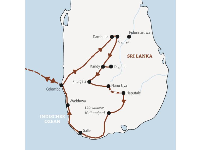 Die Karte zeigt den Verlauf der Marco-Polo-Mini-Gruppen-Reise Sri Lanka: Colombo, Dambulla, Sigiriya, Kandy, Digana, Kitulgala, Nanu Oya, Haputale, Udawalawe, Galle, Wadduwa.