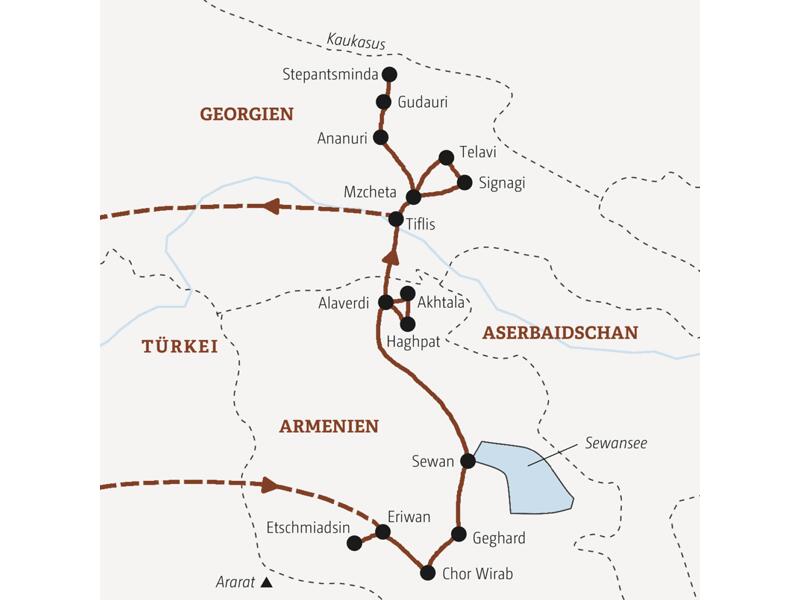 Diese Rundreise führt Sie von Eriwan über den Sewansee und Alaverdi in Armenien bis nach Stepantsminda vor der Kulisse des Kaukausus in Georgien.