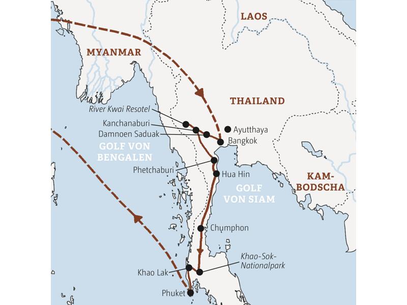 Die Marco Polo Entdecker-Rundreise durch Südthailand startet in Bangkok und führt über den Fluss Kwai und Hua Hin zum Khao-Sok-Nationalpark und zum Badeort Khao Lak.