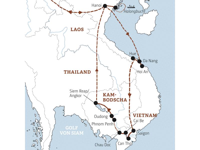 Ihre Rundreise durch Vietnam und Kambodscha führt Sie in die Halongbucht, nach Hoi An, Hue und Saigon und weiter ins Mekongdelta, nach Phnom Penh und Angkor Wat.