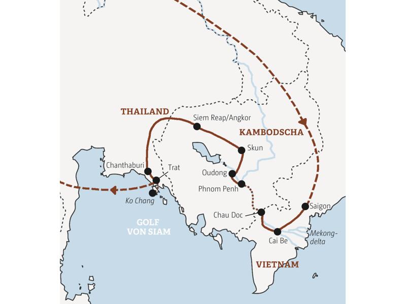 Die Rundreise in der Mini-Gruppe führt Sie von Saigon über das Mekongdelta nach Kambodscha mit Phnom Penh und Sieam Reap. Auf dem Landweg reisen Sie nach Thailand und genießen noch entspannte Tage auf der Insel Ko Chang.
