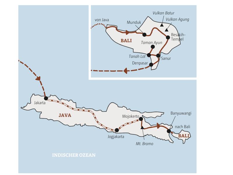 Diese Reise in der Minigruppe mit Marco Polo führt Sie von Jakarta über Jogjakarta an den Mt. Bromo und weiter auf dem Landweg nach Bali