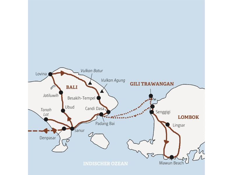 In der Marco Polo Reise in der Mini-Gruppe erleben Sie die Götterinsel Bali, die ursprüngliche Nachbarinsel Lombok. Zum Abschluss dann relaxte Strandtage auf der kleinen Insel Gili Trawangan