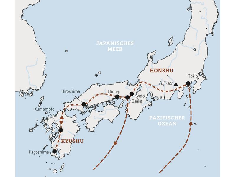 Die Route dieser Marco Polo Reise durch Japan führt von der Hauptstadt Tokio durch die Japanischen Alpen nach Kyoto, weiter über Himeji nach Hiroshima und Nagasaki.