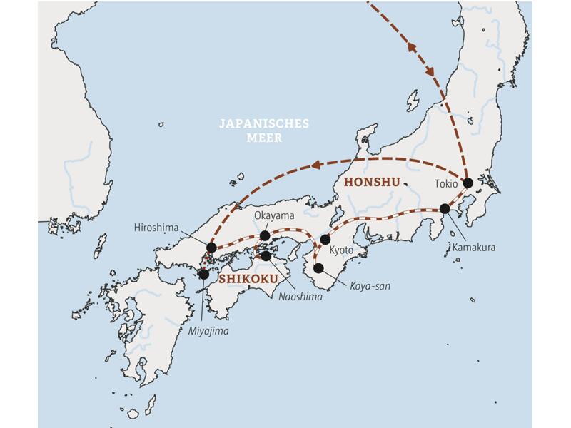 Die Route dieser Japanreise in der Marco Polo Mini-Gruppe führt von Hiroshima über Okayama, die Kunstinsel Naoshima und Kyoto bis nach Tokio.