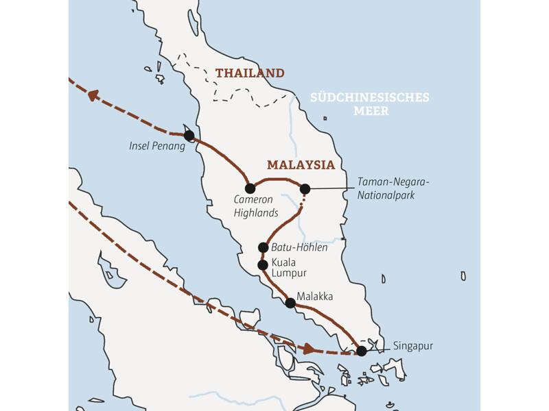 Ihre Rundreise mit Marco Polo führt Sie von Singapur nach Malakka, Kuala Lumpur, in den Taman-Negara-Nationalpark, die Cameron Highlands und auf die Insel Penang.