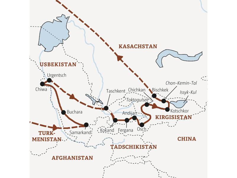 Routenverlauf der Entdeckerreise Usbekistan - Kirgisistan: Samarkand, Buchara, Chiwa, Urgentsch, Taschkent, Kokand, Fergana, Osch, Toktogulsee, Kochkor, Bischkek.