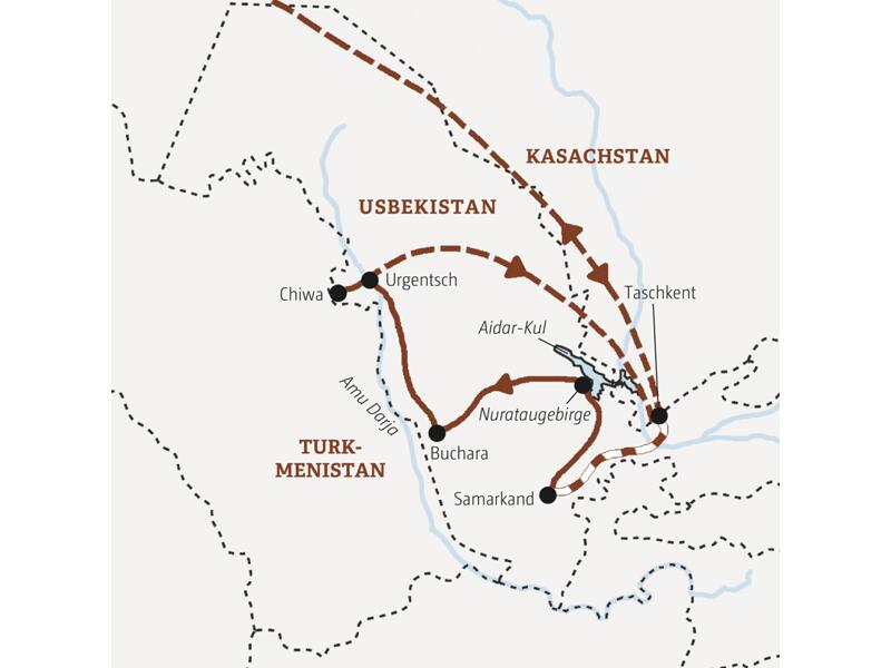 Die Karte zeigt den Verlauf unserer Marco Polo Usbekistan-Rundreise in kleiner Gruppe: Taschkent, Samarkand, Nurataugebirge, Buchara, Chiwa und Urgentsch.