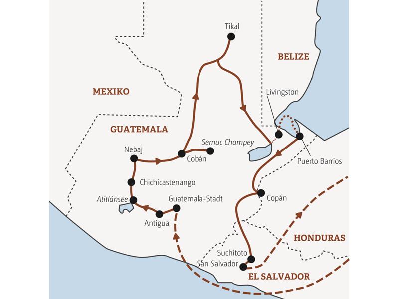 Die Reise mit Marco Polo in der Mini-Gruppe durch Guatemala und El Salvador führt Sie von Guatemala-Stadt über Antigua, den Atitlánsee, Cobán und Tikal an die Karibikküste nach Livingston. Weiter geht es mit einem Abstecher nach Copán in Honduras nach Suchitoto in El Salvador.