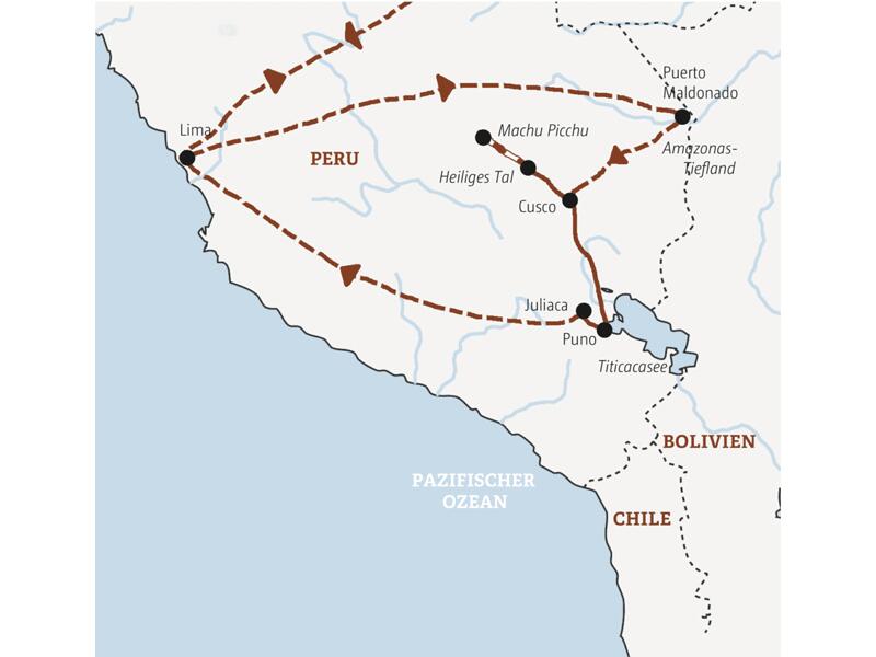 Die Reiseroute der Marco Polo Mini-Gruppen-Reise durch Peru: von Lima ins Amazonas-Tiefland, dann nach Cusco und Machu Picchu und weiter zum Titicacasee.