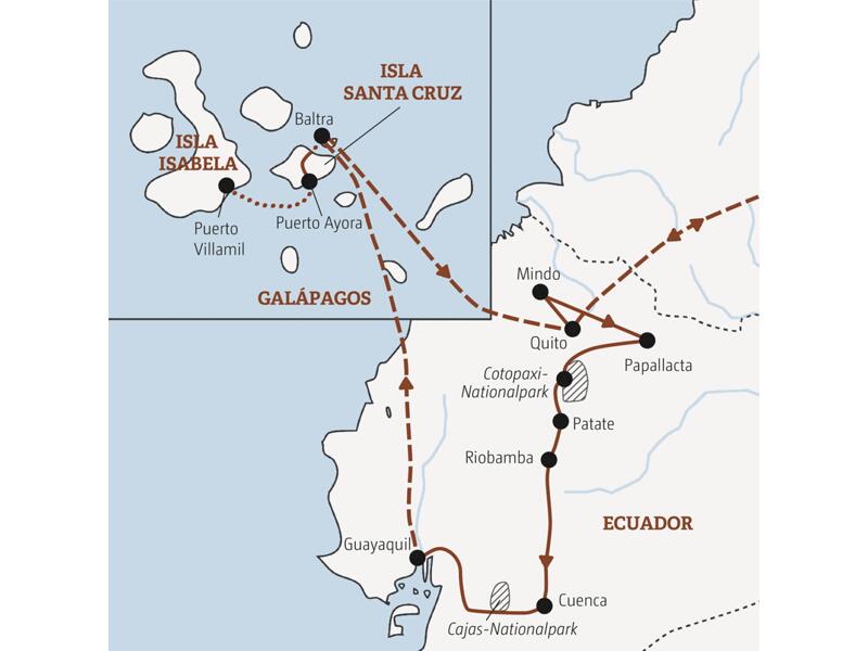 Unsere Marco Polo Reise durch Ecuador in der Mini-Gruppe führt von Quito nach Mindo und Papallacta, über die Straße der Vulkane zum Cotopaxi-Nationalpark, weiter über Patate und Riobamba nach Cuenca und zum Finale von Guayaquil auf die Galápagos-Inseln Santa Cruz und Isabela.