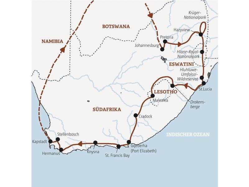 Diese Rundreise führt Sie von Johannesburg zum Krügerpark, nach Eswatini und in die Drakensberge nach Lesotho und weiter über die Gartenroute nach Knysna und Kapstadt.