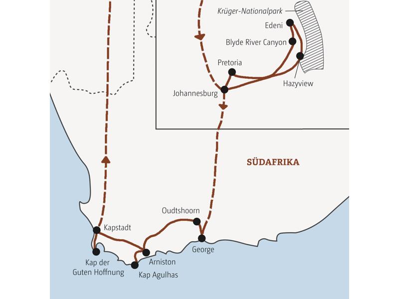 Diese Rundreise durch Südafrika in der Mini-Gruppe führt Sie von Johannesburg über den Krügerpark nach Oudtshoorn und von dort weiter über Kap Agulhas nach Kapstadt mit Abstecher zum Kap der Guten Hoffnung.