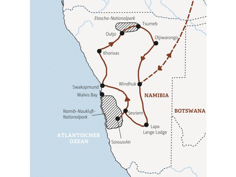 Ihre Rundreise mit Marco Polo durch Namibia führt Sie von Windhuk über das Sossusvlei, Swakopmund und Twyfelfontein zum Etoschapark und von dort zurück in die Hauptstadt.
