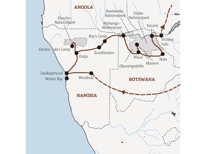 Überlandtour vom Atlantik zu den Viktoriafällen, quer durch Namibia und Botswana. Ein Safari-Erlebnis der besonderen Art in kleiner Gruppe.