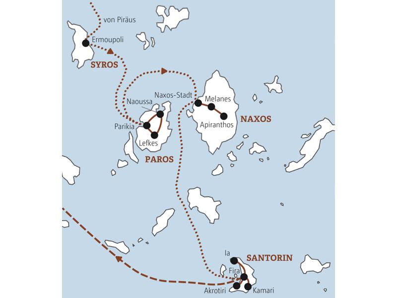 Die Stationen dieser Marco Polo Mini-Gruppen-Reise auf die Kykladen sind Paros, Naxos, Syros und Santorin.