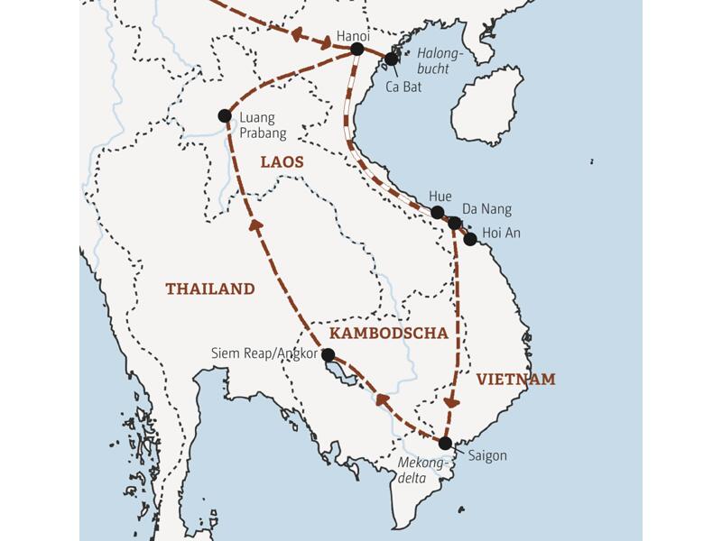 Entdecken Sie Vietnam, Kambodscha und Laos in 18 Tagen: die Höhepunkte Hanoi, Saigon, Hoi An, die Dschungeltempel von Angkor und die Tempelstadt Luang Prabang.