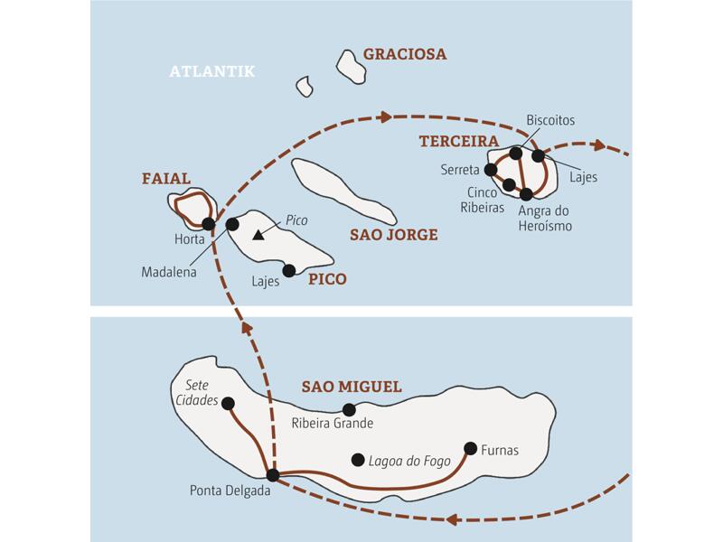 Die Karte zeigt den Verlauf unserer Marco Polo Entdeckerreise auf die Azoren: Ponta Delgada und Furnas auf Sao Miguel, die Insel Faial mit Horta und Angra do Heroísmo auf Terceira.