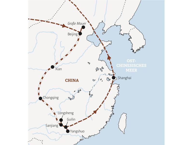 Bei unserer Reise in der kleinen Gruppe in China kommen wir unter anderem zu folgenden Orten: Beijing, Große Mauer, Xian, Chongqing, Sanjiang, Guilin, Yangshuo, Shanghai