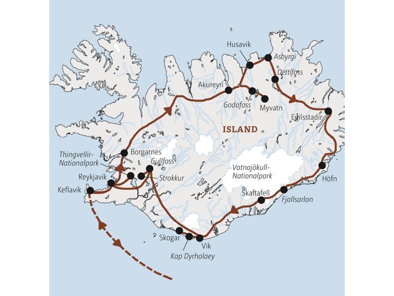 Die Marco Polo Rundreise durch Island beginnt in Reykjavik und führt über Borgarnes, Akureyri, Egilsstadir, Höfn, Vik und Dyrholaey zurück.