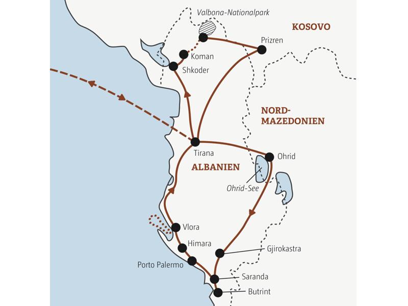Die Rundreise mit Marco Polo in der Mini-Gruppe nach Albanien führt Sie von Tirana nach Shkoder und in den Valbona-Nationalpark im Norden und anschließend über Ohrid, Gjirokastra, Saranda und Vlora im Süden zurück.