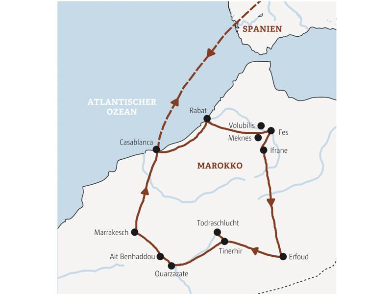 Karte von Marokko mit eingezeichnetem Reiseverlauf der Marco Polo Entdeckerreise