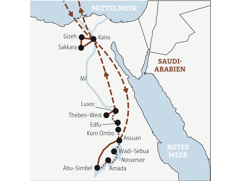 Reisekarte der Marco Polo Mini-Gruppen-Reise Ägypten mit den wichtigsten Stationen der Reise.