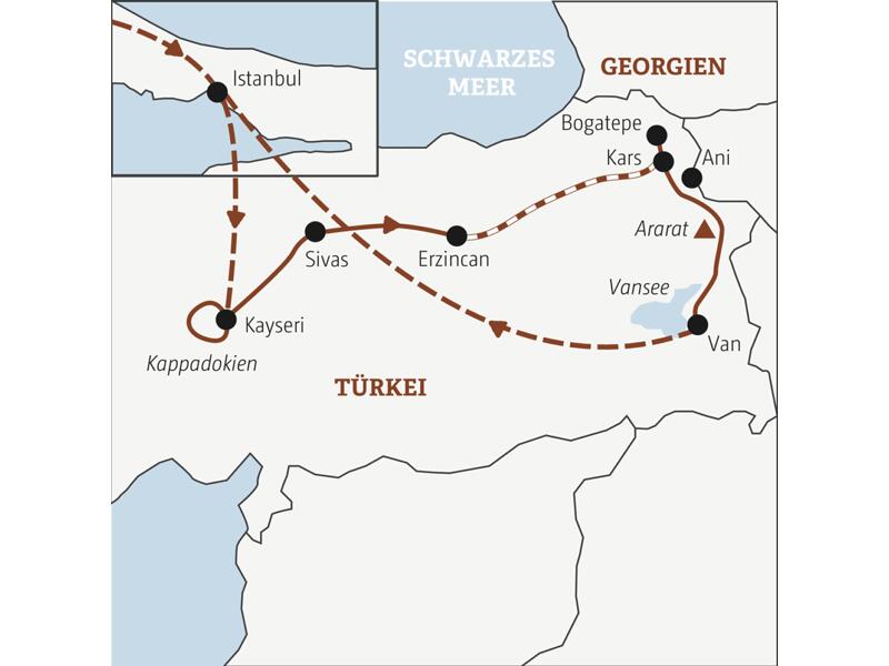 Die Rundreise mit YOUNG LINE TRAVEL durch die Türkei führt dich von Istanbul über Kappadokien, Sivas, Erzincan und Kars bis zum Vansee im Osten des Landes.