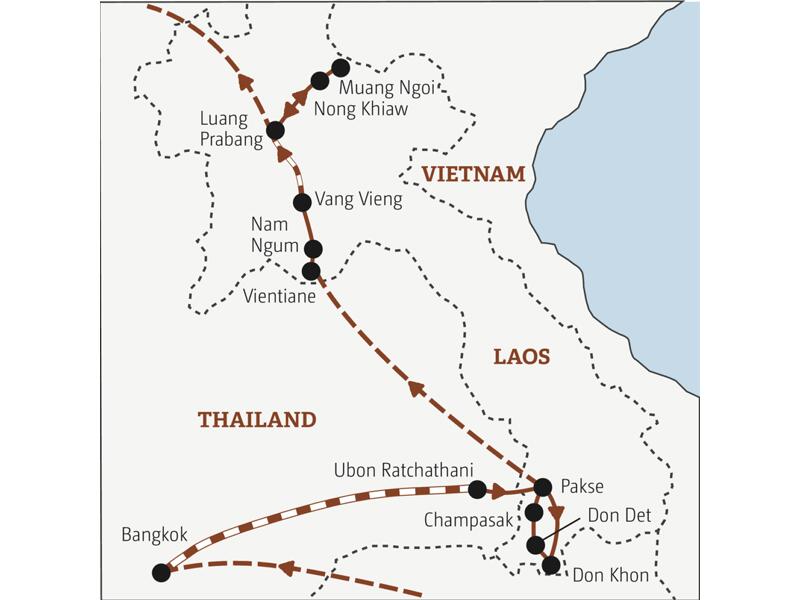 Unsere YOUNG LINE Rundreise durch Laos startet in Bangkok in Thailand und führt uns über Pakse, Vientiane und Vang Vieng nach Luang Prabang.