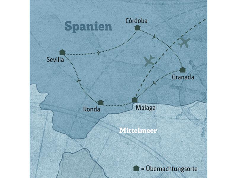 Diese Karte zeigt den Verlauf Ihrer individuellen Rundreise im Mietwagen durch Andalusien: sie führt von Málaga über Ronda, Sevilla, Cordoba,  Granada und zurück nach Malaga.