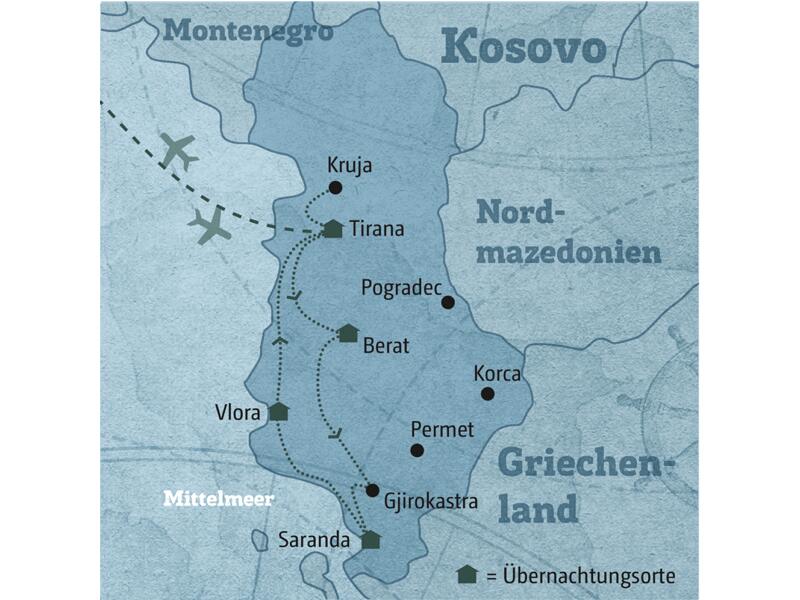 Die Route Ihrer individuellen Rundreise startet in Tirana und führt Sie über Berat, Saranda und Vlora an der Küste zurück nach Tirana.