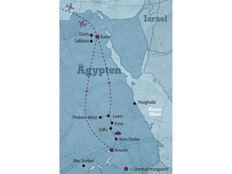Ihre Reiseroute führt von Kairo über Luxor auf dem Nil nach Assuan.