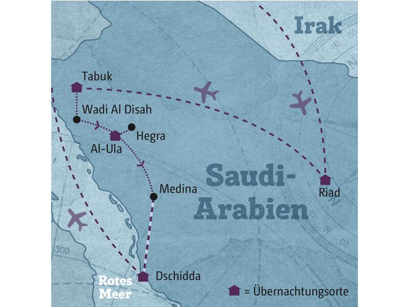 Auf Ihrer individuellen Reise durch Saudi-Arabien reisen Sie von Riad über Tabuk nach Al-Ula, weiter nach Medina und Dschidda.