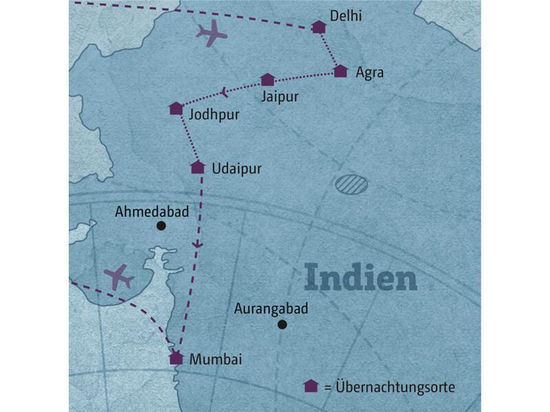 Ihre Reiseroute durch Nordindien startet in Delhi und führt über Agra, Jaipur, Jodhpur und Udaipur in die Metropole Mumbai.