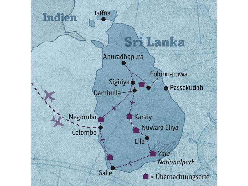 Ihre individuelle Rundreise führt Sie über Negombo ins Kulturelle Dreieck, weiter über Kandy, Nuwara Eliya, den Yala-Nationalpark und Galle zum Badeaufenthalt an der Südwestküste.