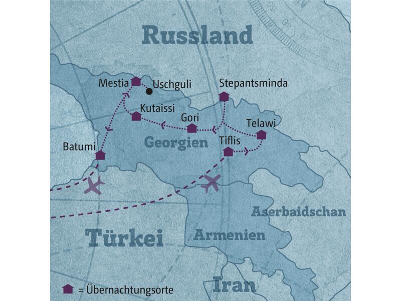 Diese individuelle Rundreise durch Georgien führt Sie von Tiflis nach Telawi und dann weiter über Stepantsminda, Kutaissi und Mestia nach Batumi.