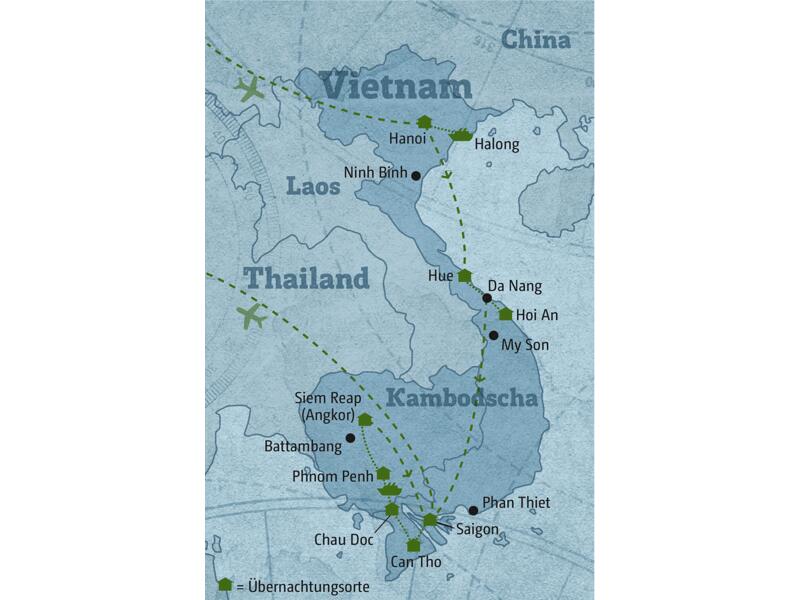 Ihre individuelle Rundreise durch Vietnam und Kambodscha führt Sie von Hanoi über Hue, Saigon und Phnom Penh nach Siem Reap.